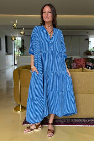 Made in Italy Marina Chalk Stripe Smock Dress Mediterranean Blue
